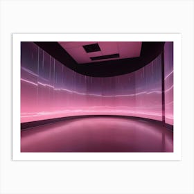 A Dark Room With A Curved Wall Displaying A Dynamic Abstract Pattern Of Pink And Purple Lines Art Print