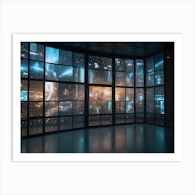 View Of A Large Room With Large Windows, Each Showing A Different Digital Image Of A Cityscape With Glowing Lines And Points Of Light Art Print