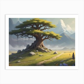 Illustration Of A Lone Girl Walking Towards A Majestic, Large Tree With Thick Branches In A Green Field Beneath A Blue Sky With Clouds Art Print