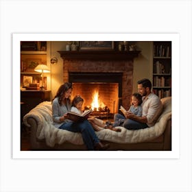 Cozy Room Interior In A Norman Rockwell Painting Style Family Of Four Engaged In A Shared Reading M (5) Art Print