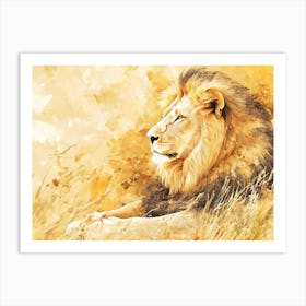 A Regal Lion Resting In A Golden Savannah Art Print