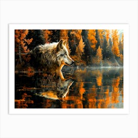 Autumn Wolf - Wolf In Water Art Print