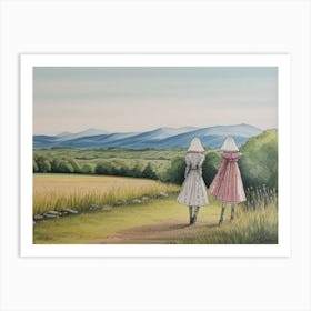 Two Girls Walking In The Field Art Print