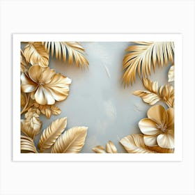 Gold Floral Plants and Palm Leaves Abstract Tropical Leaves Art Print