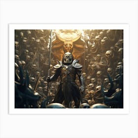 Robot knight with a horned helmet, sword, and shield stands triumphantly on a pile of human skulls and debris Art Print