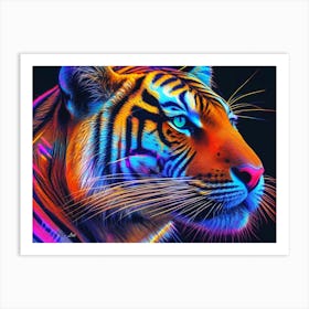 Bengal Tiger Head As A Bright Digital Neon Color Painting Art Print