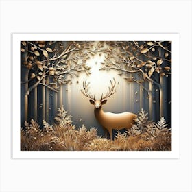 3d Modern Stereo Stag Deer Animal with Forest 2 Art Print