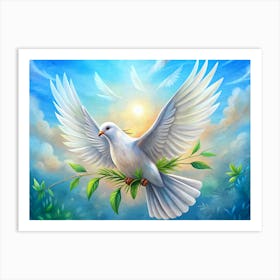 White Dove With Olive Branch Flying In The Sky Art Print