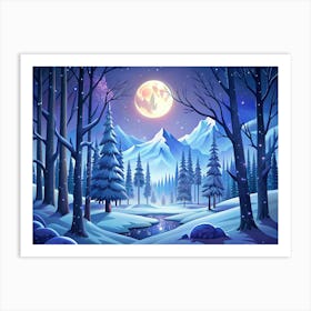 Winter Wonderland With Full Moon, Snowy Trees, And Mountains Art Print