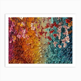 A Vibrant 3d Abstract Seamless Hanging Branches, Colorful Flowers and Falling Leaves Art Print