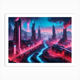 Cyberpunk industrial city with lava and river 1 Art Print