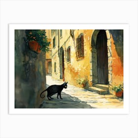 Black Cat In Reggio Emilia, Italy, Street Art Watercolour Painting 1 Art Print