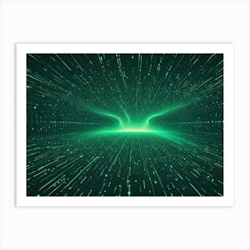 Green Glowing Lines And Dots Radiating Outwards From A Center Point Towards The Viewer, Creating A 3d Space Effect Art Print