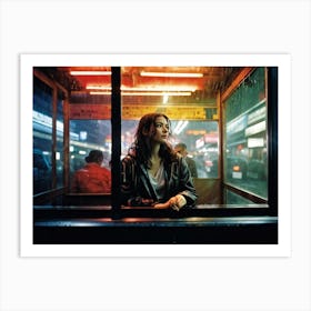 Late Evening Street Photography A Serenely Pensive Woman Perched Inside A Bus Shelter Surrounded B Art Print