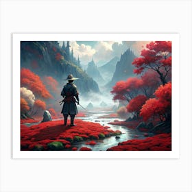 Samurai In A Red Autumn Forest Art Print