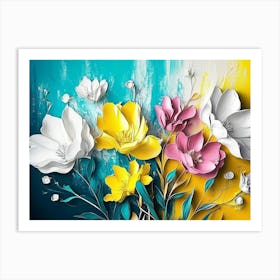 Flowers On A Blue Background Art Print