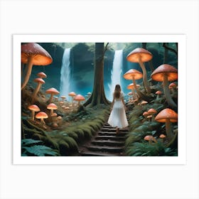 Woman Walking Through A Mystical Forest With Glowing Mushrooms And A Waterfall 3 Art Print