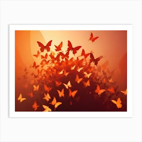 A Digital Illustration Of Many Orange Butterflies Flying In A Red Orange Mist Art Print