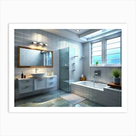 Modern Bathroom With White Tile And Wooden Accents Art Print