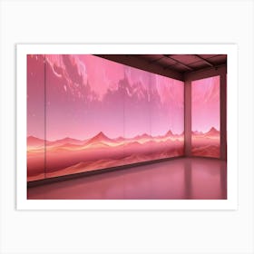 An Empty Room With A Large Wall Displaying A Digital Artwork Of A Pink Desert Landscape With Mountains Art Print