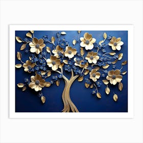 Elegant Gold and Royal Blue Floral Tree with Seamless Leaves and Flowers Hanging Branches 3 Art Print