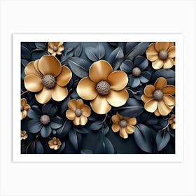 Gold Flowers On Black Background 4 Art Print