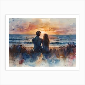 Watercolor Of Couple At Sunset Art Print