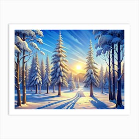 Snowy Forest Scene At Sunset Art Print