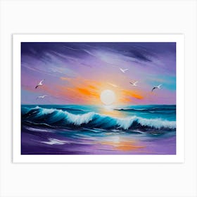 Seagulls over the Sea by the Beach at Sunrise - Color Canvas Oil Paint Style Art Print