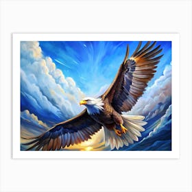 Bald Eagle In Flight With White Clouds And Blue Sky Art Print