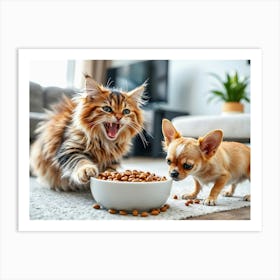 Cat And Chihuahua fighting for food Art Print