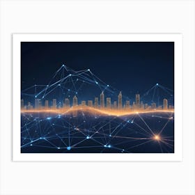 A Futuristic Cityscape Is Outlined In Glowing Orange Lines, Connected By A Network Of Lines And Dots Representing A Digital Network Art Print