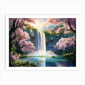 Majestic Waterfall Cherry Blossom Forest Painting #11 Art Print