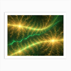 An Abstract Fractal Image Featuring Swirling, Glowing Lines And Shapes In Shades Of Green And Gold On A Dark Background Art Print