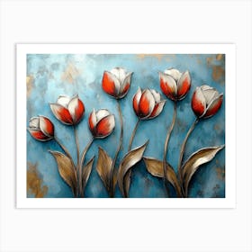 Group Of Red Tulips On A Blue Background Art Print