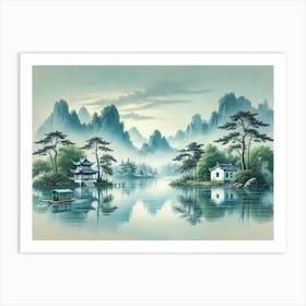 A Serene Traditional Chinese Landscape Painting With Misty Mountains In The Background 1 Art Print