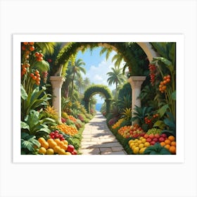 Tropical Garden Pathway With Fruit Arches And Ocean View 3 Art Print