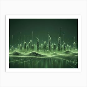 Abstract Image Of A Glowing Green City Skyline, Composed Of Lines And Dots, Resembling A Network Or A Digital City Art Print