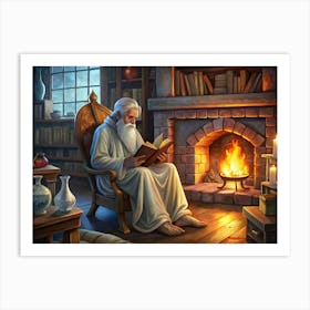 Old Man With White Beard Reading Book By Fireplace In Library Art Print