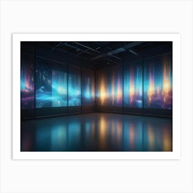 An Empty Room With Large Windows Showcasing A Colorful Display Of Digital Aurora Borealis Art Print