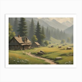 Illustration Of A Cozy Mountain Village With Wooden Houses, Trees, Meadows And A Dirt Road Leading Through The Village Art Print