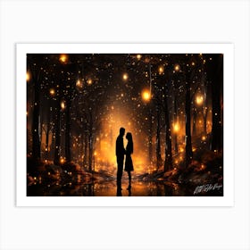 Two Lovers Silhouetted - Fireflies In The Forest Art Print