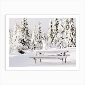 Snowy bench in Sjusjøen, Norway Art Print