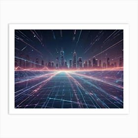 A Stylized, Futuristic Cityscape Rendered In A Blue And Pink Hue With Glowing Lines Connecting Buildings And Forming A Web Like Network Art Print