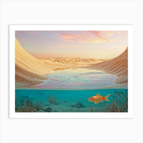 Elephant Sized Goldfish Swimming Through A Surreal Desert Landscape Oversized Waves In Golden Sands Art Print