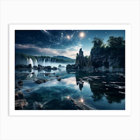 Night Sky With Waterfall Art Print