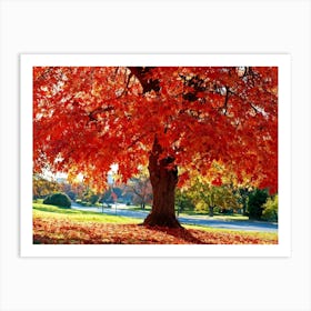 An Autumn Oak Tree Abundantly Lit Branches Spreading Widely Spanning A Slim Sleek Card Leaves Bla (2) Art Print