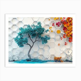 Vibrant Turquoise Tree And Colorful Hexagons Create A Striking Effect Against White Lattice And Floral 2 Art Print