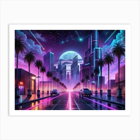 A Neon Lit Cityscape With Retro Cars And A Full Moon Art Print