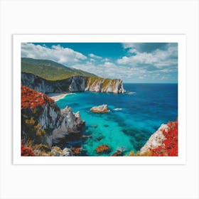 A Beautiful Beach With Blue Water Surrounded By Green Hills Art Print